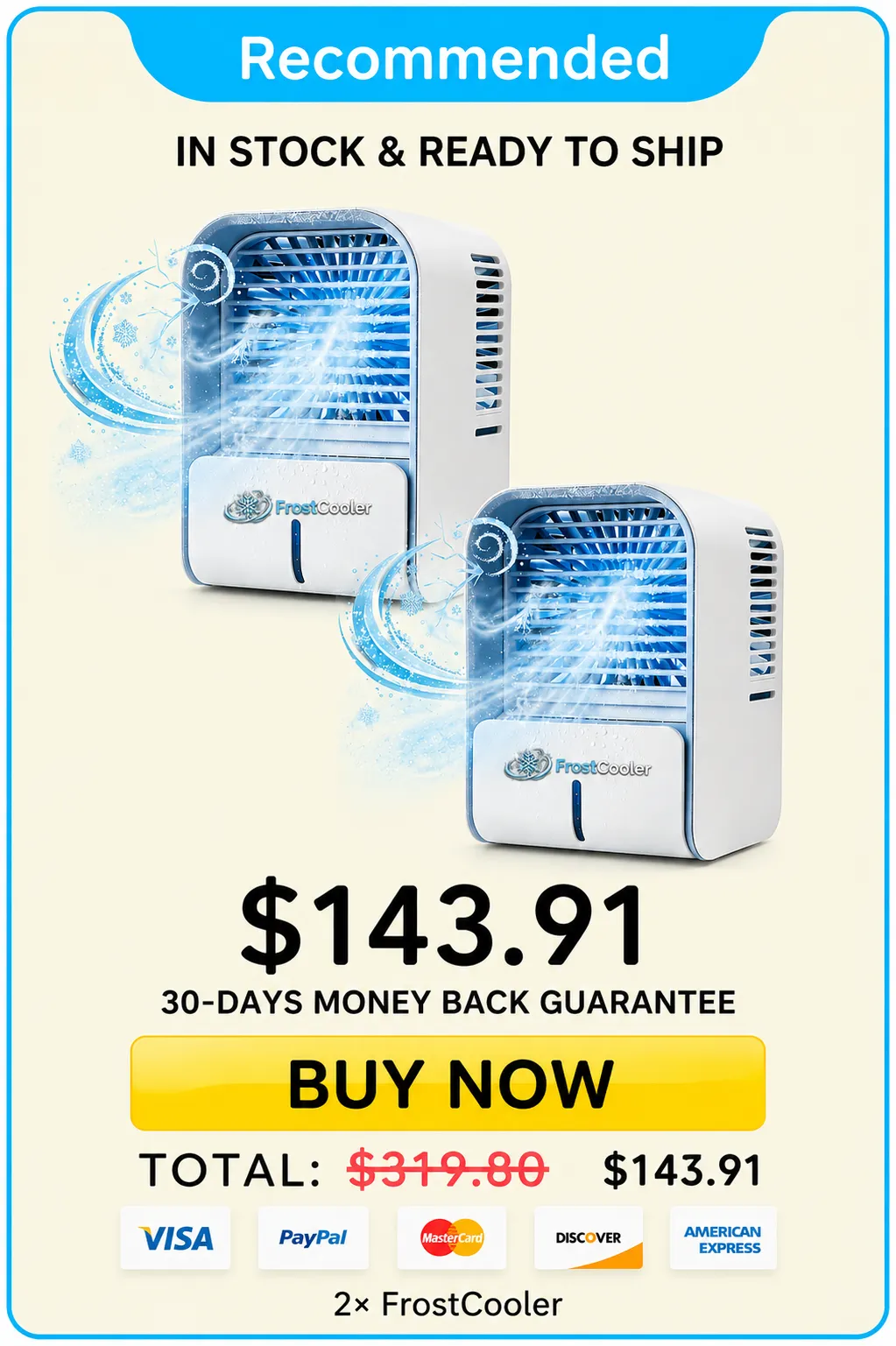 FrostCooler 2-pack recommended pricing, $143.91 with 30-day money-back guarantee