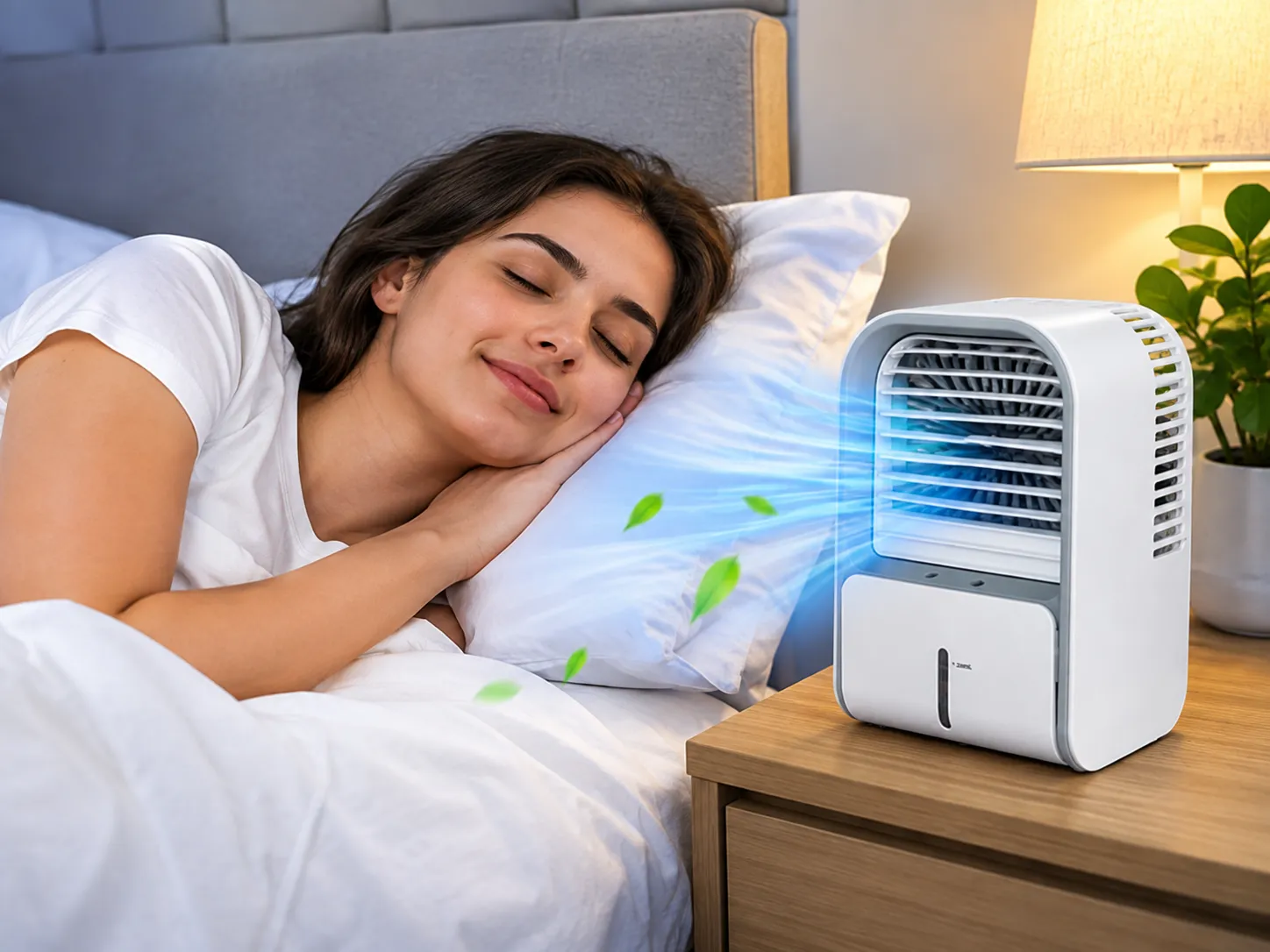 Woman sleeping peacefully with a FrostCooler running on her nightstand