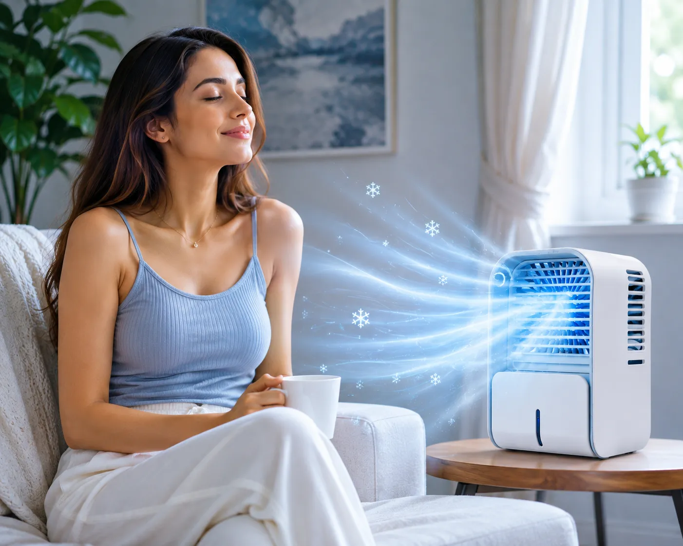 Woman relaxing at home with a cup of tea beside a FrostCooler personal evaporative cooler