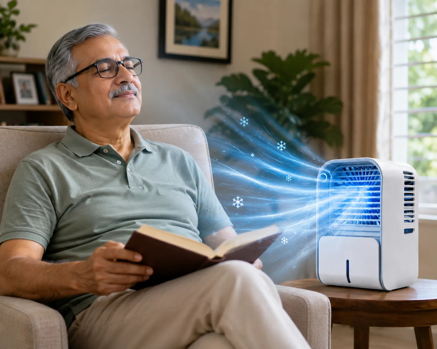 Man relaxing while reading with a FrostCooler running in continuous mist mode nearby