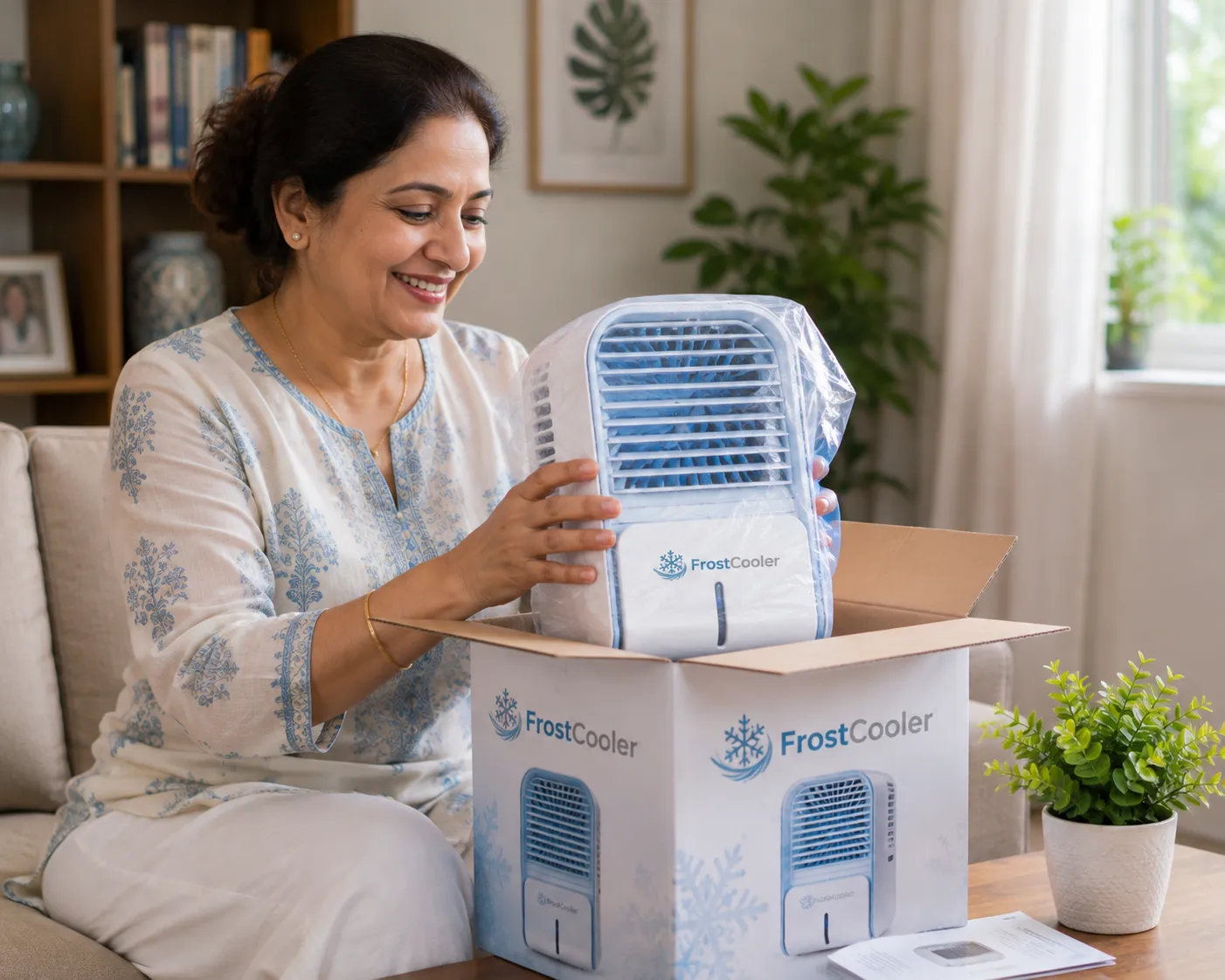 Woman unboxing her new FrostCooler personal evaporative cooler at home