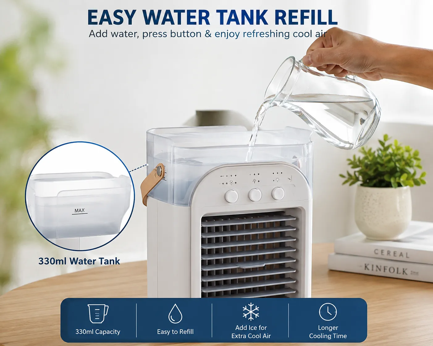 FrostCooler 330 ml water tank being refilled with a jug of water